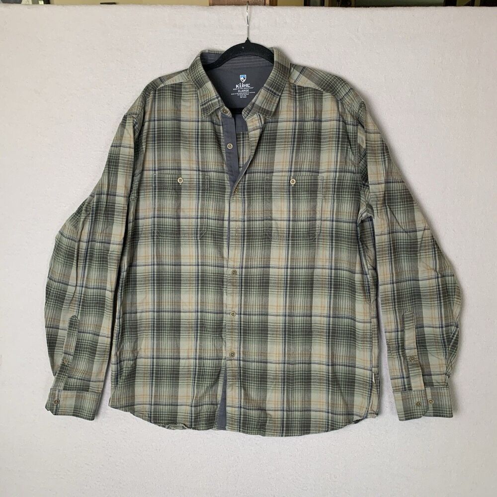 Kuhl Fugitive Flannel Shirt Mens XL Gray Green  Plaid Hiking Gorpcore Nature